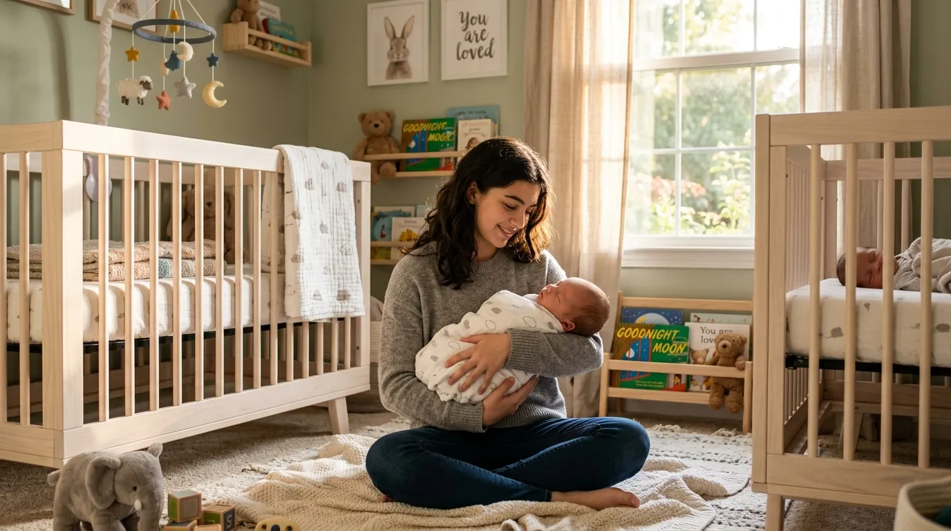 A teenage girl with dark hair sitting in a sunlit nursery, gently holding a sleeping baby