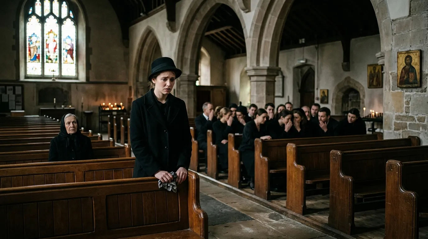 A woman sitting alone in the back pew of a church while the rest of the congregation sits together