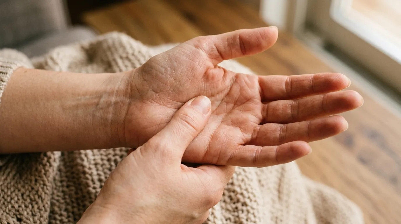 A close-up of a person rubbing the itchy palm of their hand.