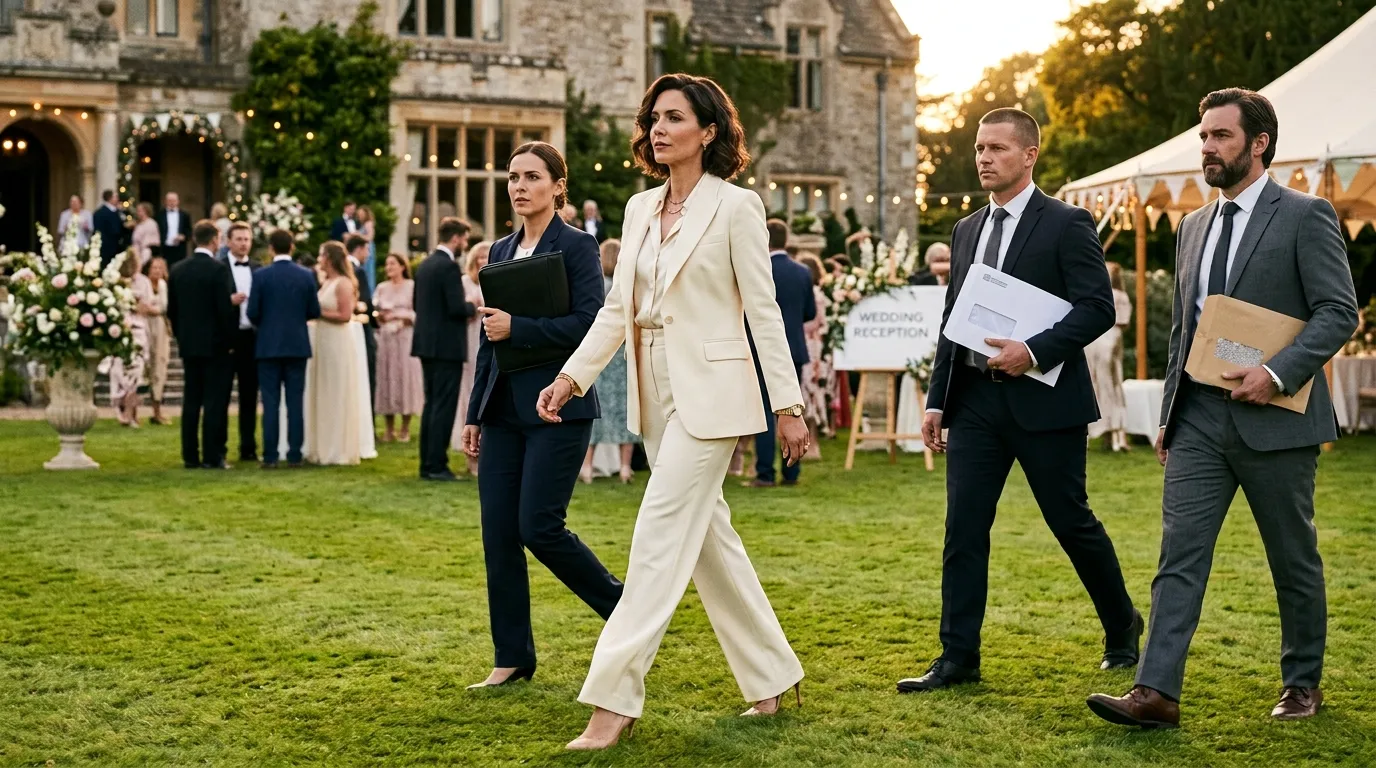 A confident woman in an ivory pantsuit walking powerfully with a legal team.