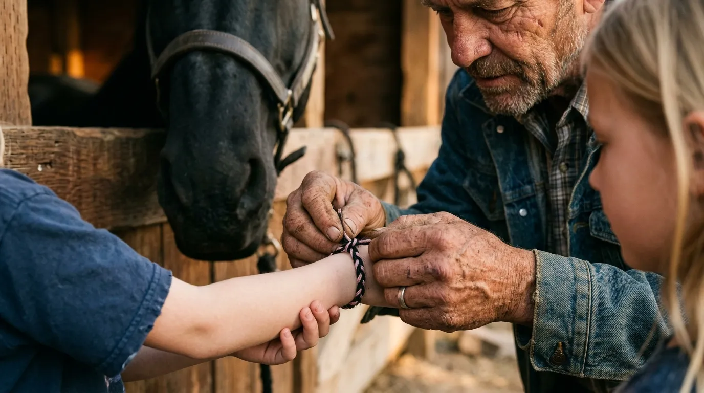 Cowboy hands carefully braiding a horsehair bracelet for a young girl