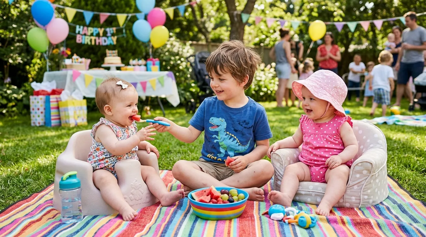A five-year-old boy sitting between two one-year-old baby girls at a birthday party
