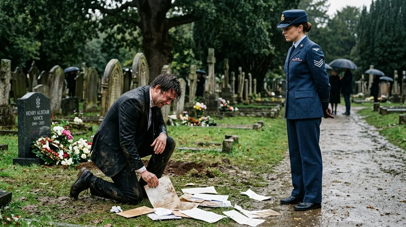 Julian kneeling in the muddy grass crying over the paternity and legal documents as Genevieve watches