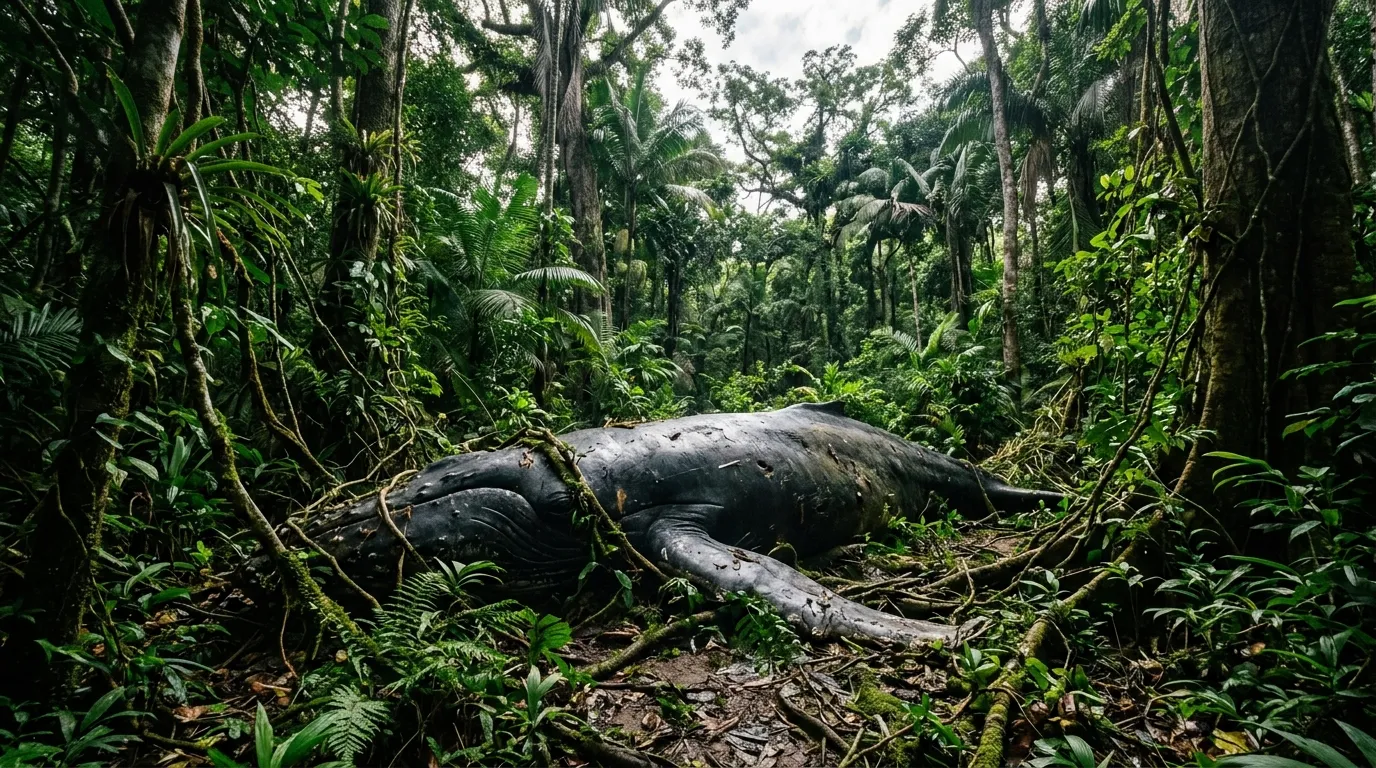 An 8-meter humpback whale calf lying amongst dense green jungle vegetation and tree roots.
