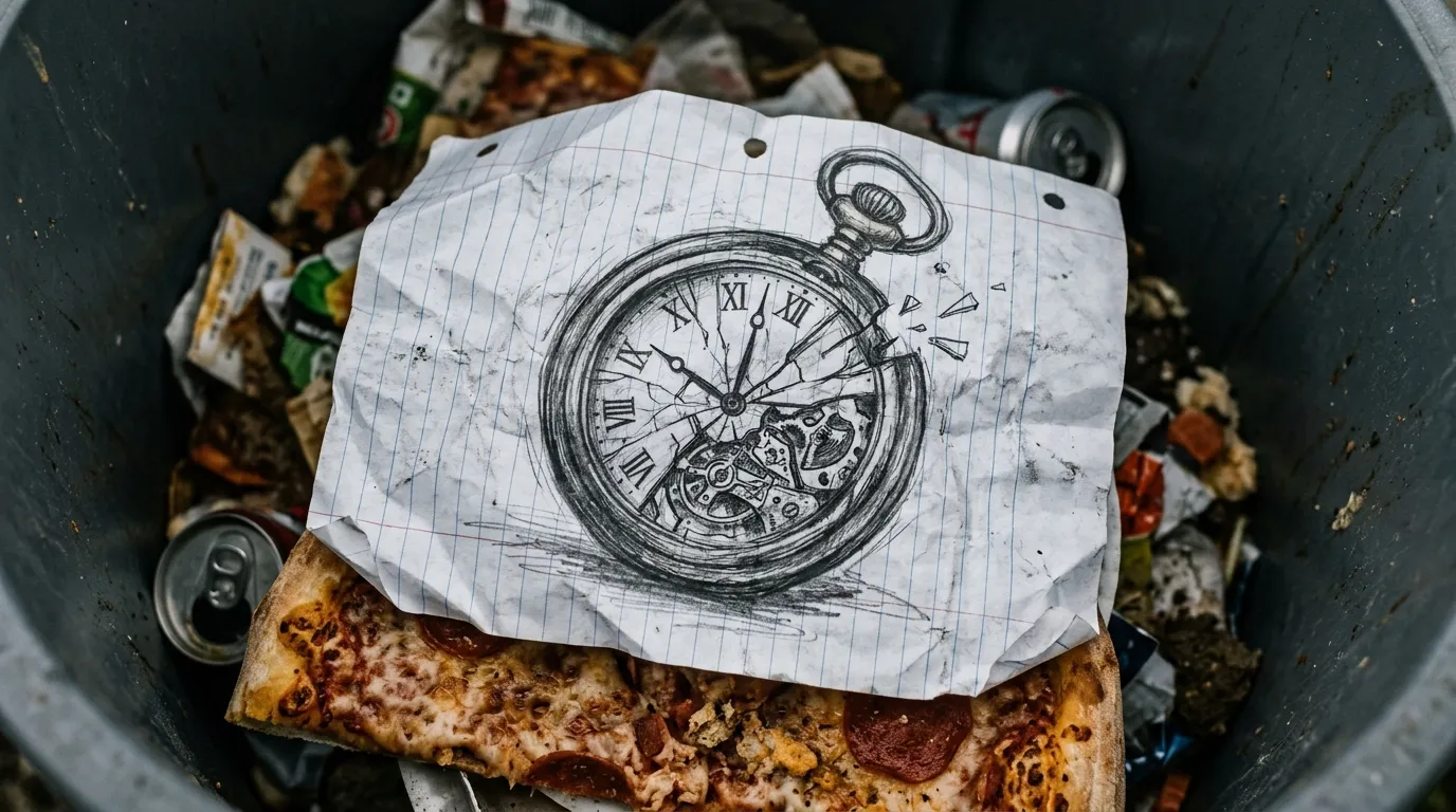 A crumpled pencil sketch of a shattered pocket watch sitting in a trash bin.