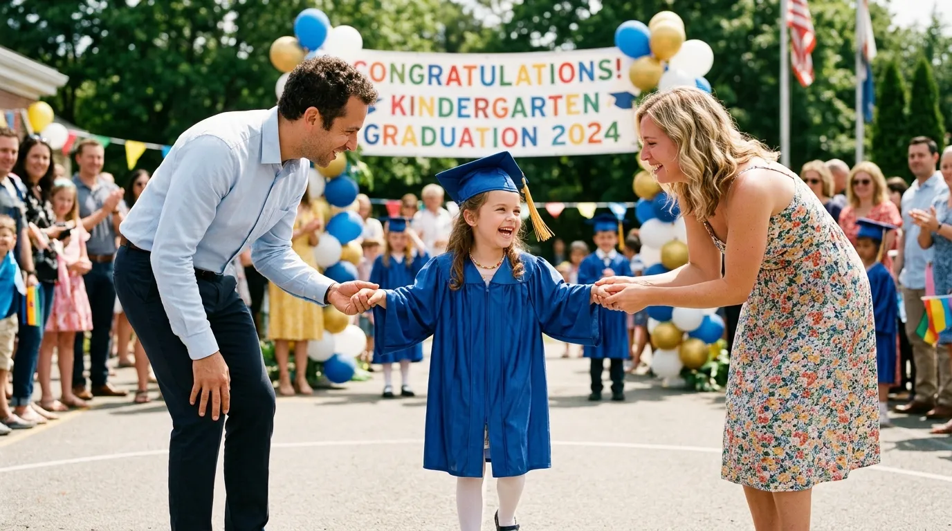 A little girl in a graduation cap and gown holding hands with two adults