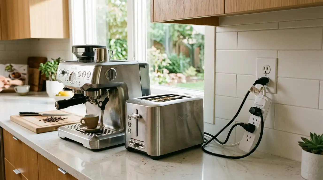 Coffee maker and toaster dangerously plugged into a single cheap power strip on a kitchen counter