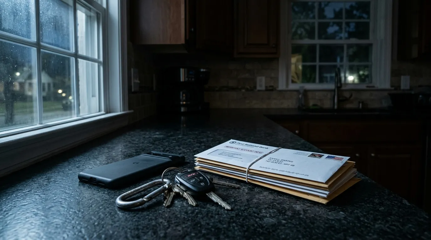 A smartphone lying face down on a kitchen counter next to keys