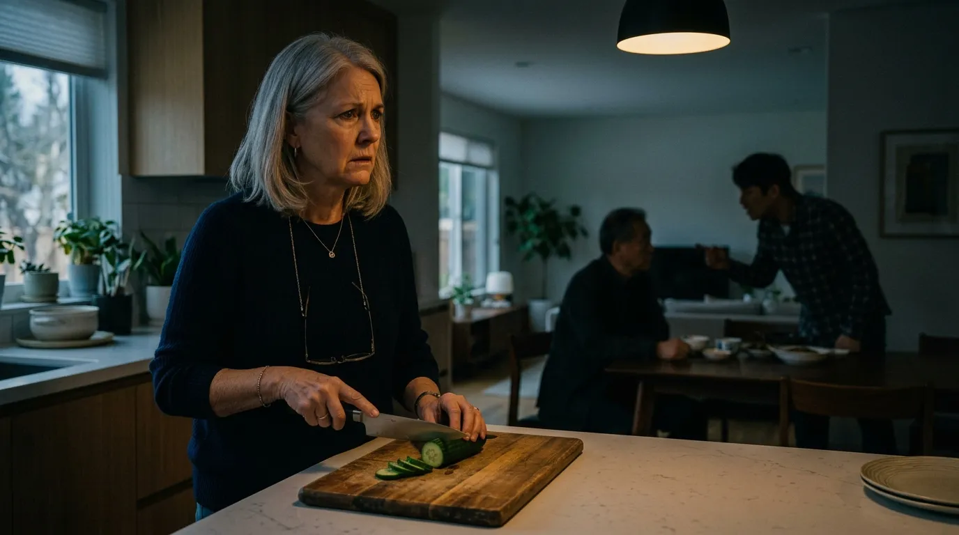 A woman in a modern kitchen standing frozen while chopping a cucumber, overhearing a tense conversation in the background.
