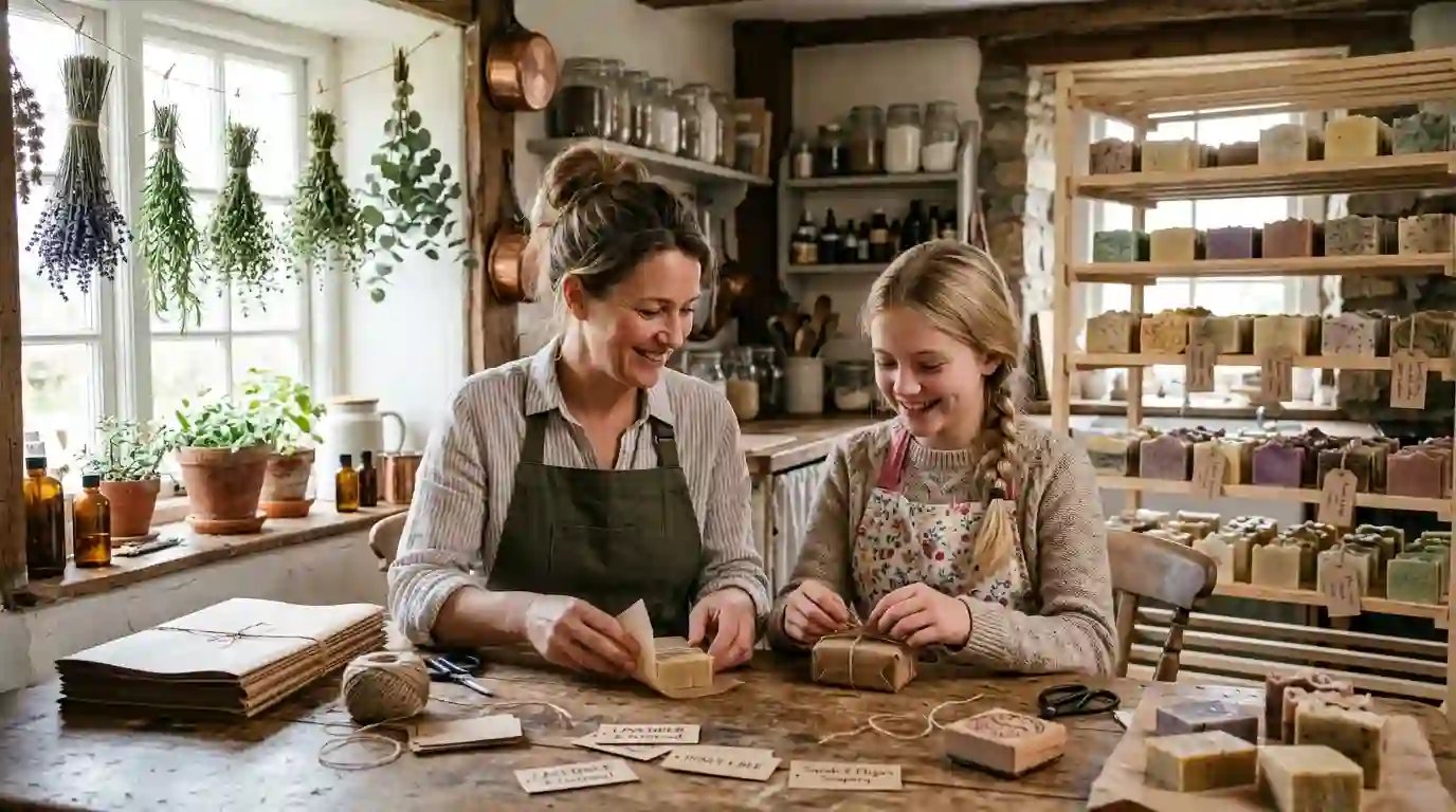 Mother and daughter wrapping handmade soap in a rustic farmhouse kitchen