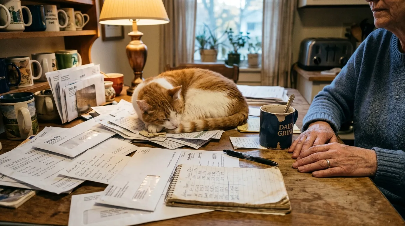 An orange cat curled up on a kitchen table scattered with bills and notes next to a woman's hands