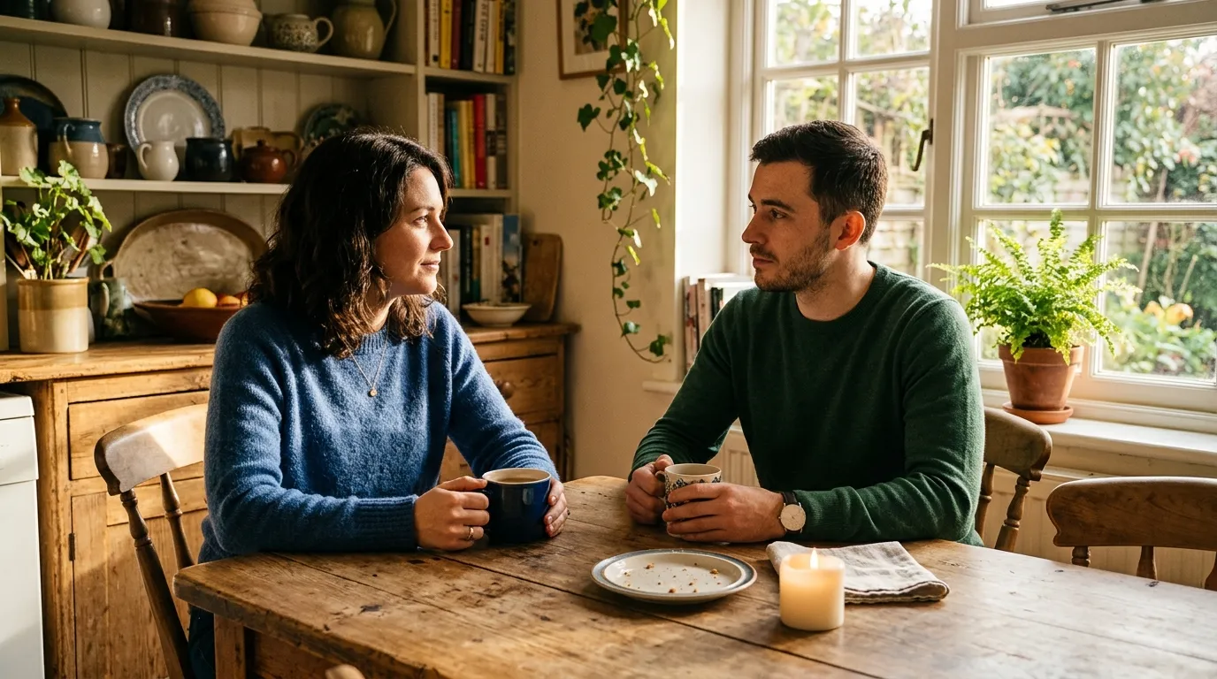 A woman and a man having a serious discussion at a wooden kitchen table in the sunlight.