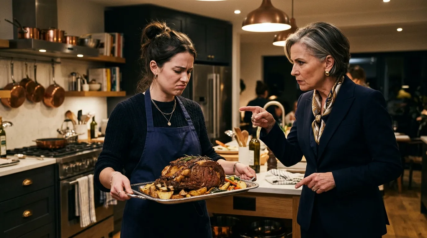 Emily holding a silver tray while her mother-in-law gives orders