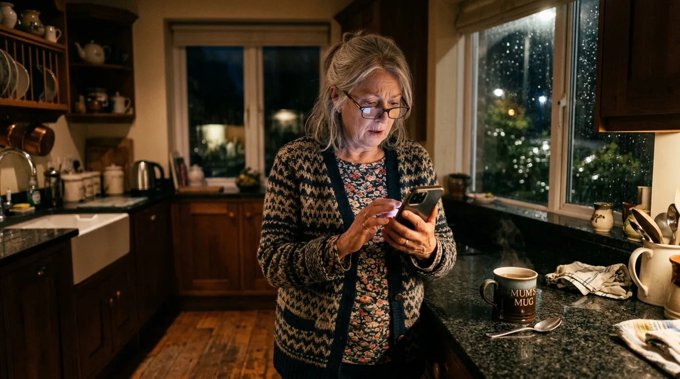 A 67-year-old woman standing in a dimly lit kitchen at night, looking thoughtfully at her phone.