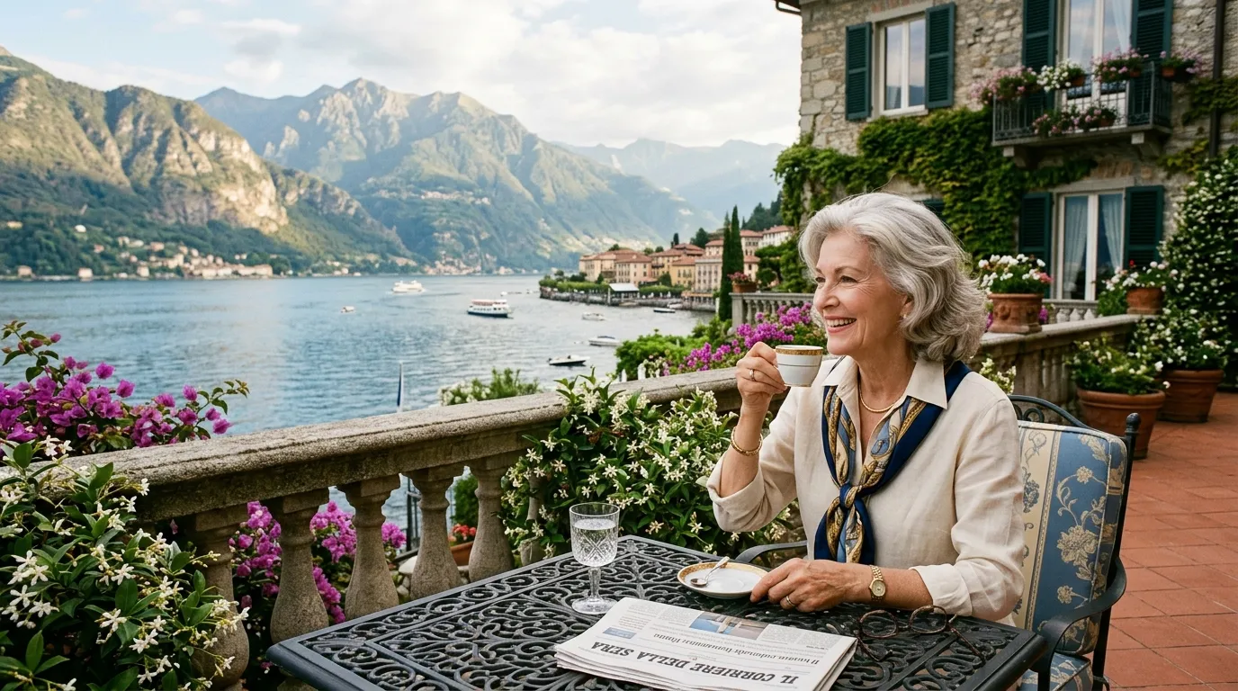 An elegant 70-year-old woman sipping espresso on a beautiful villa terrace overlooking Lake Como