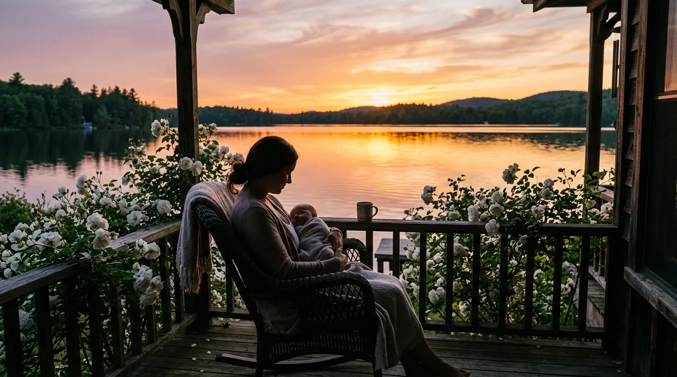 A mother holding a baby on a porch overlooking a serene lake at sunset.