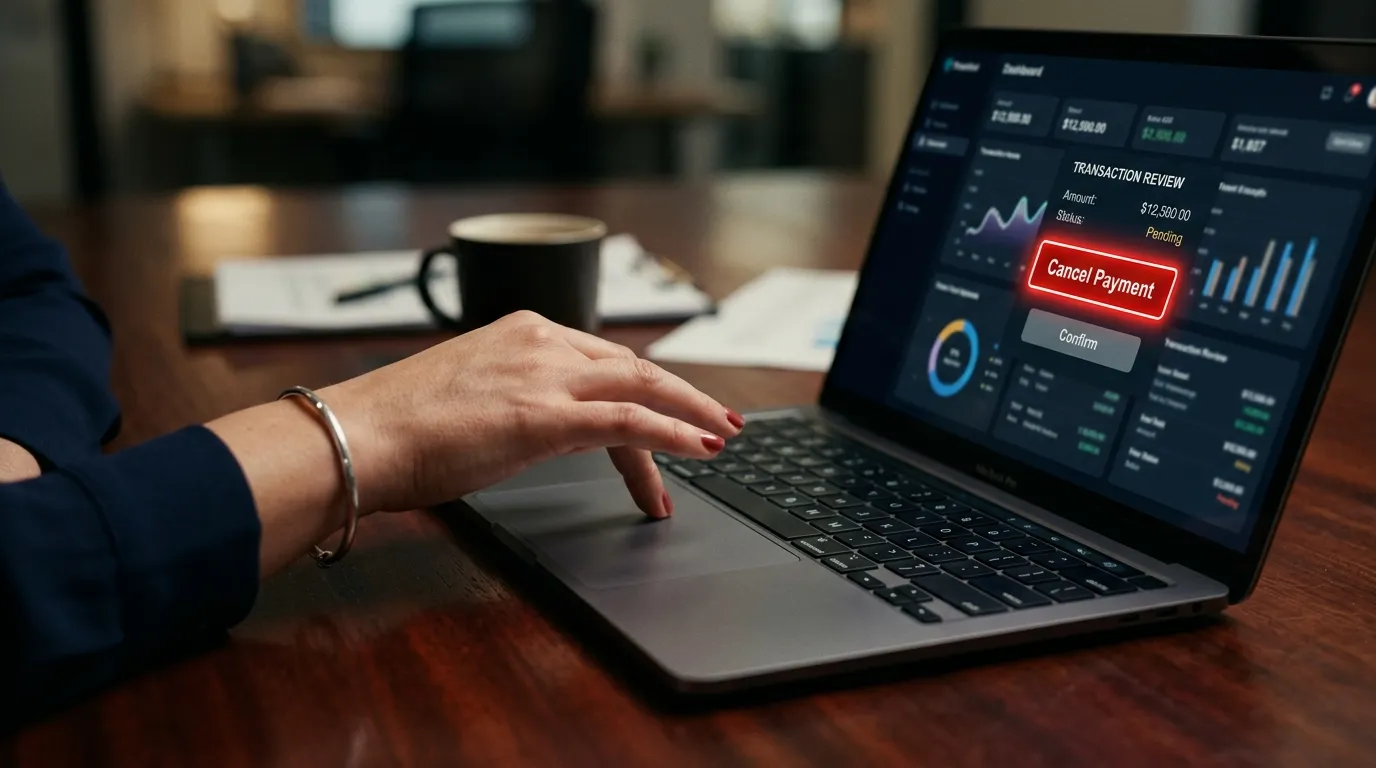 A close up of a woman's hand hovering over a laptop trackpad, with a financial dashboard on the screen showing a glowing Cancel Payment button.