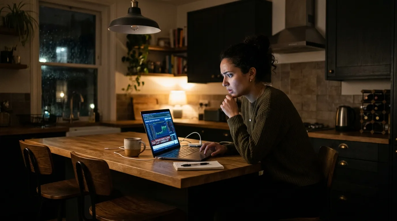 Maya sitting at her kitchen island at night, looking resolved while staring at her laptop screen