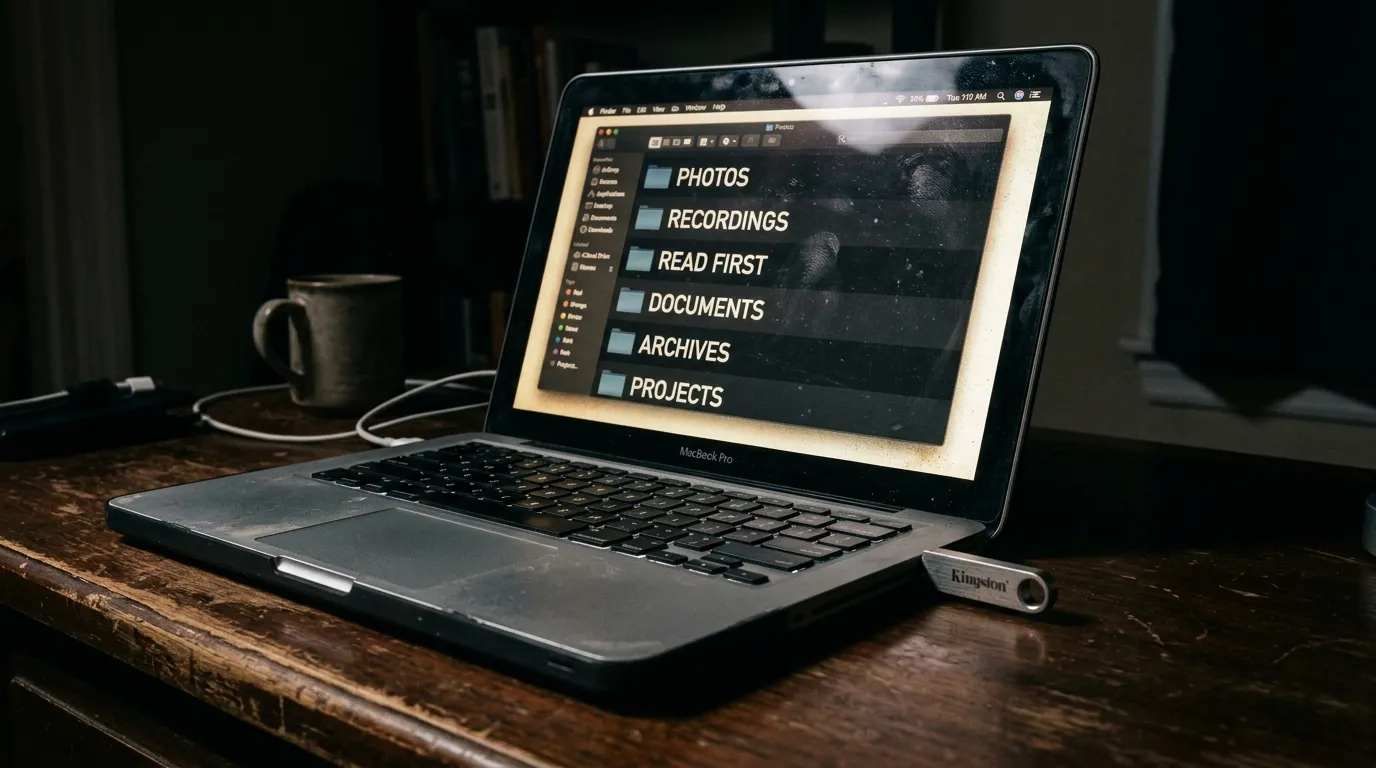 Laptop screen glowing in a dark room displaying evidence folders