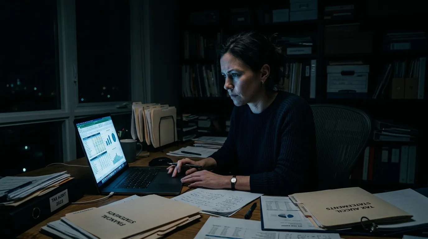 Emma working late at night in a dark room illuminated by her laptop screen