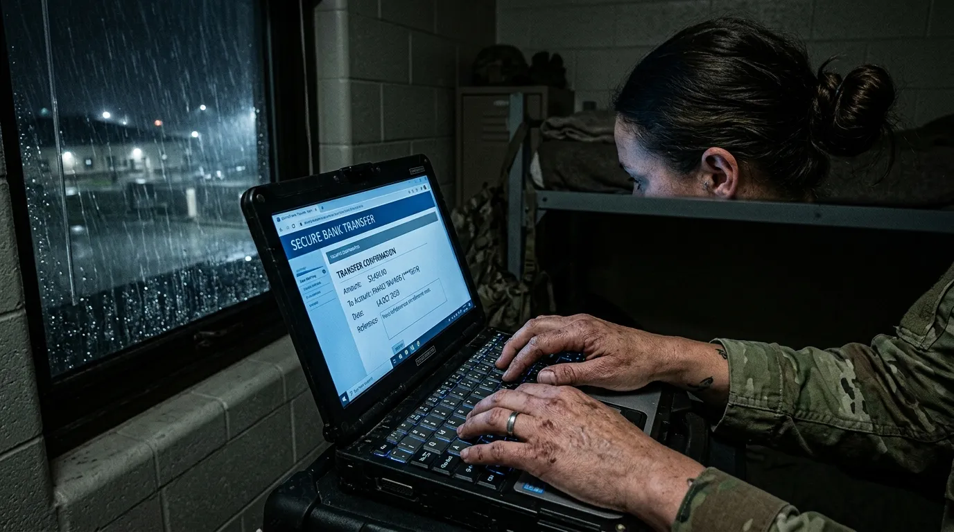 A woman in a dark room typing on a laptop to make a bank transfer.