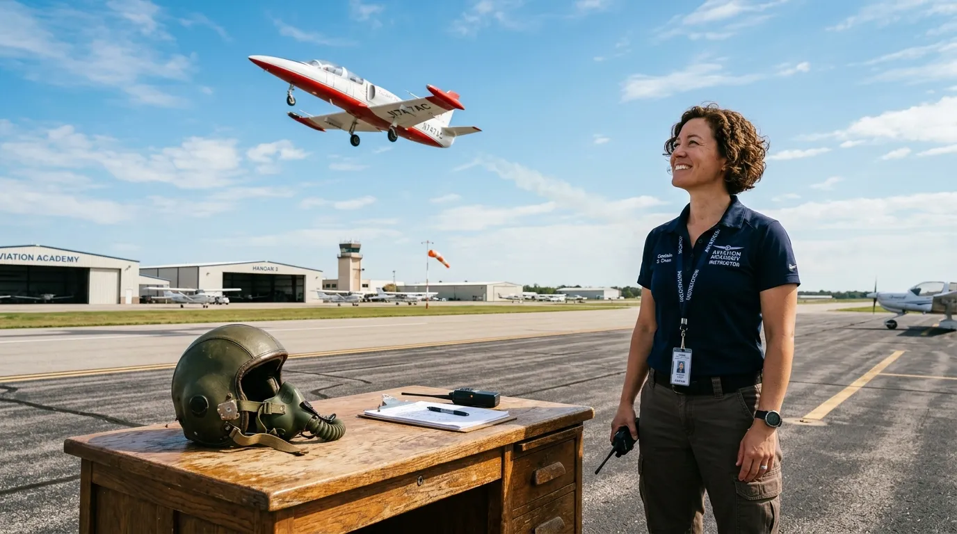 A female flight instructor standing beside a runway, smiling peacefully as a small jet takes off into a blue sky.