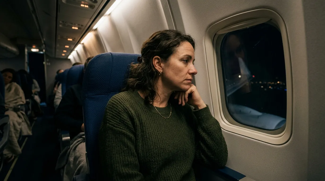 A quiet woman in a green sweater sitting in a dimly lit airplane window seat, looking out into the dark night.