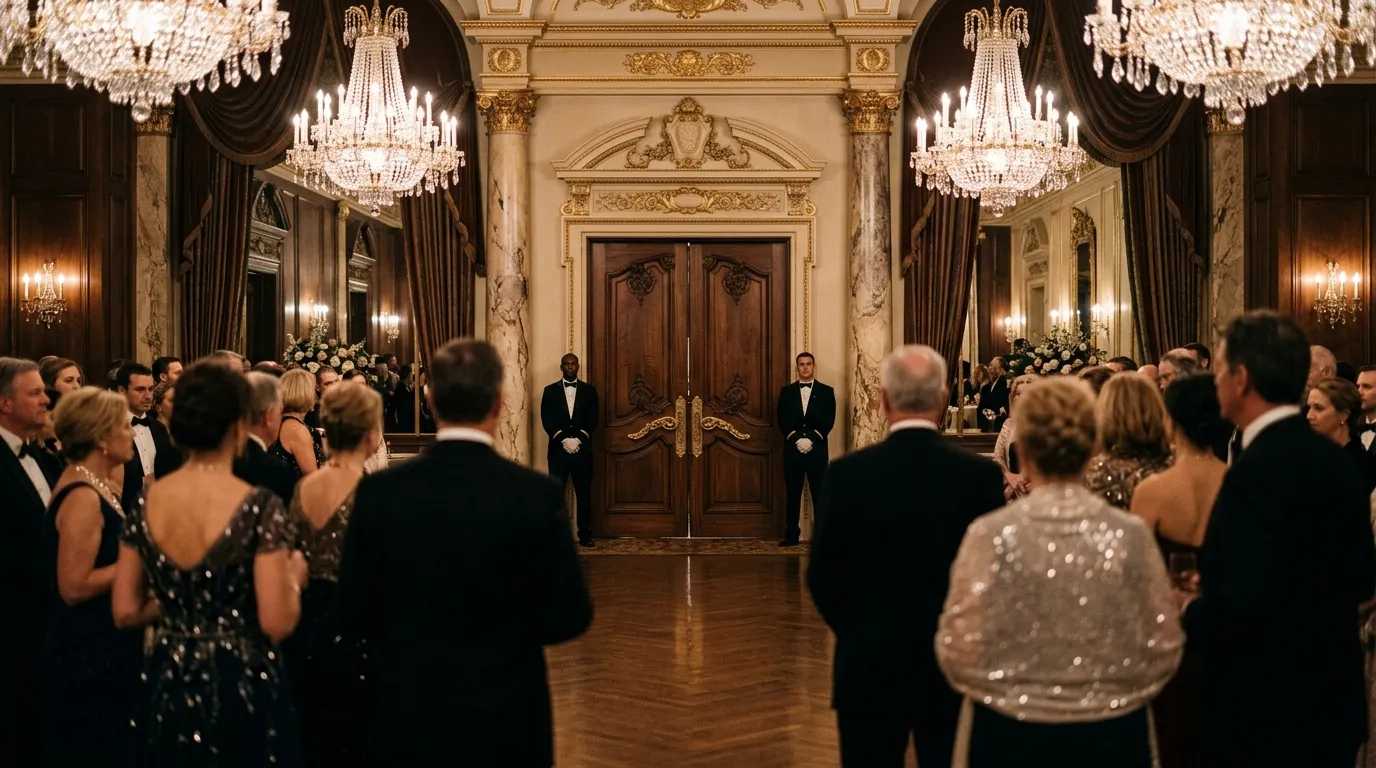 A lavish country club ballroom filled with wealthy guests looking toward the entrance.