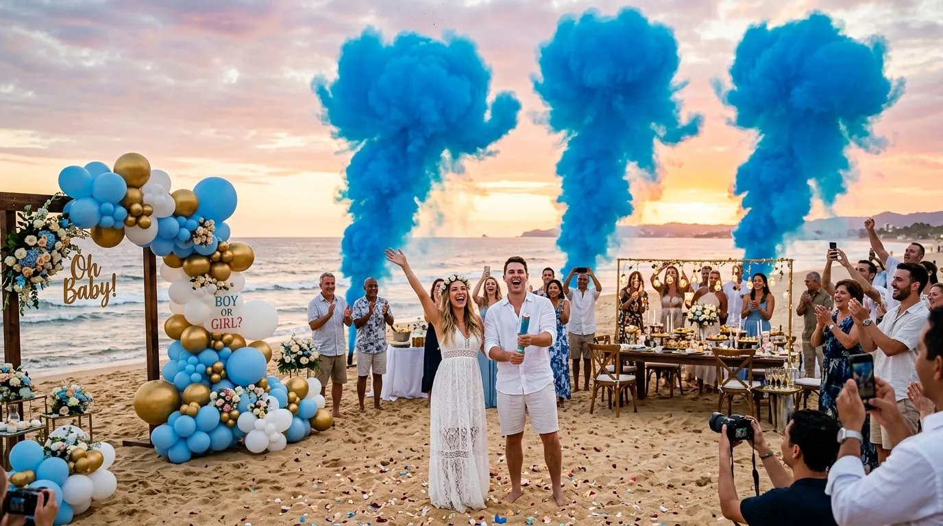 Extravagant beach gender reveal party with blue smoke