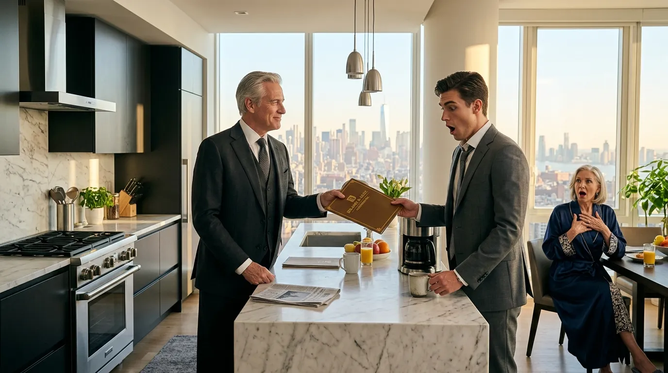 Older lawyer handing a folder to a shocked man in a penthouse kitchen.