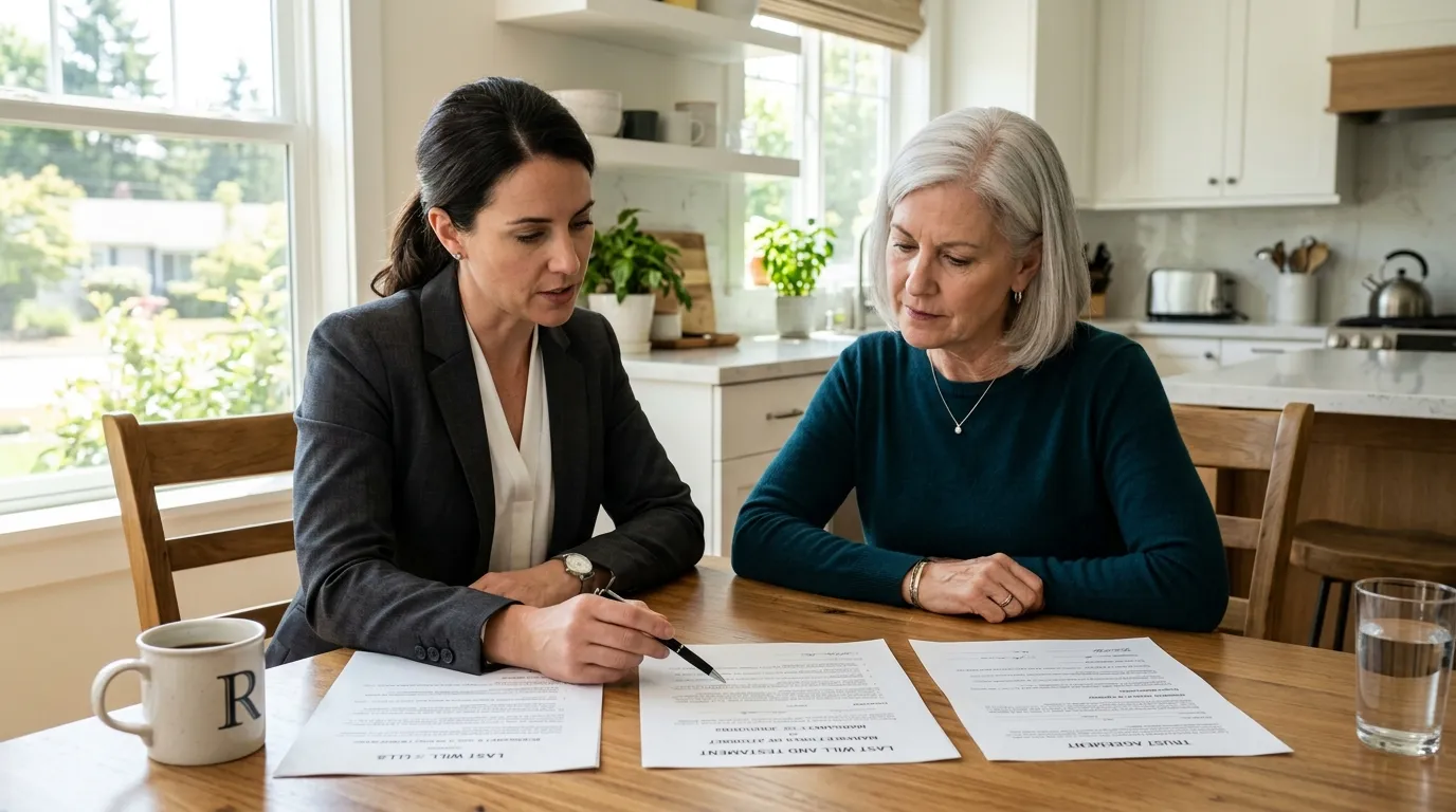 Margaret and her lawyer Rachel reviewing serious legal documents at the kitchen table