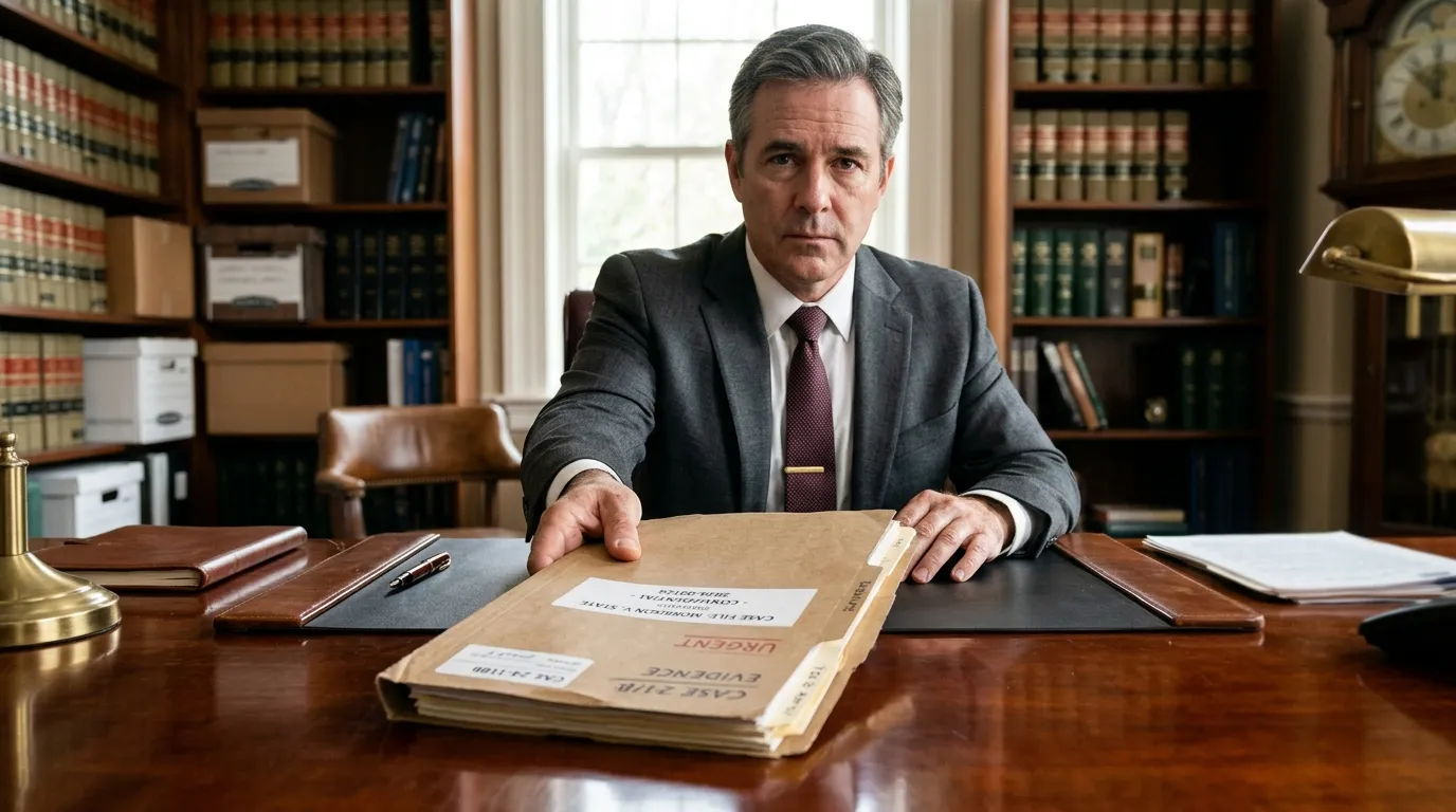 Lawyer sliding a thick folder across a wooden desk