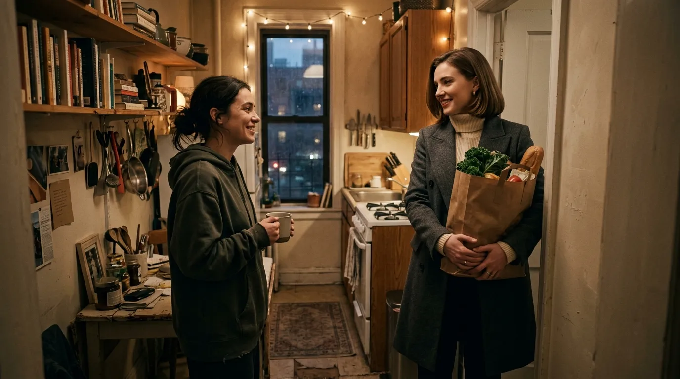 Two young women, one wealthy and one struggling, sharing a moment in a small apartment