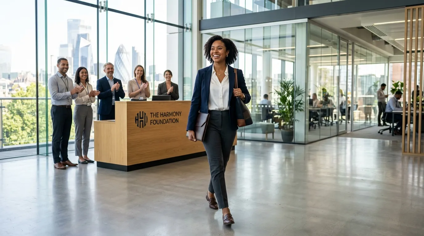 A young woman walking confidently into a modern office building as staff respectfully stand to greet her