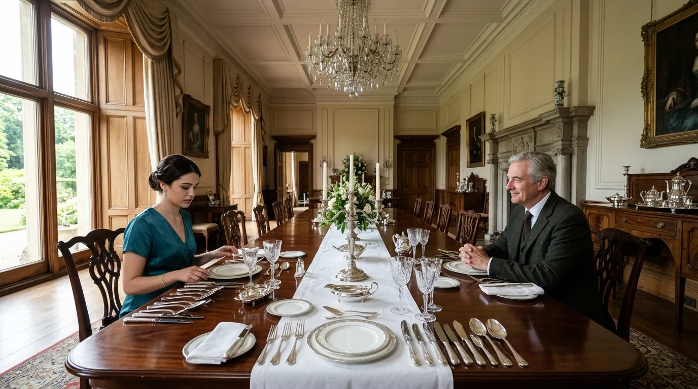 A young woman sitting at a grand dining table looking intimidated by the silverware, while an older man smiles at her
