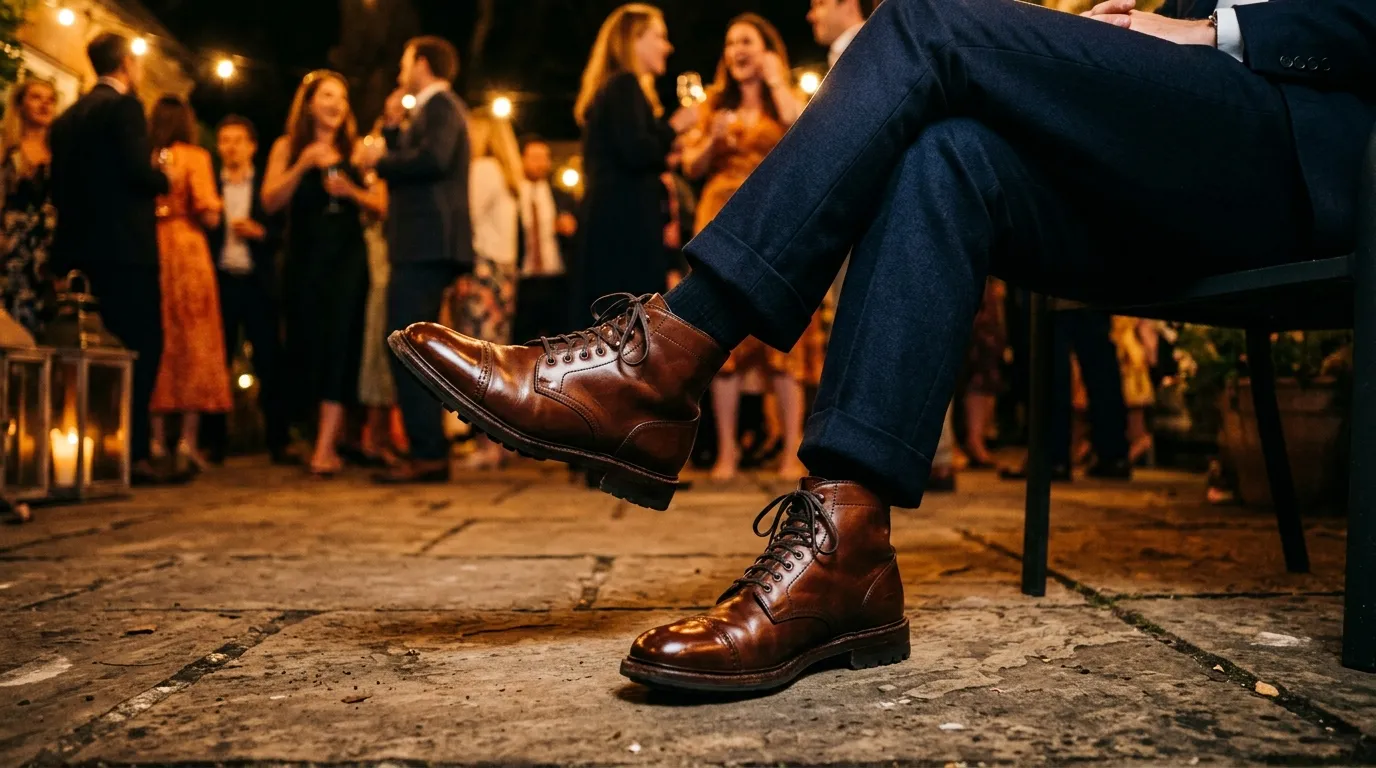 A close-up of a man's crossed legs wearing polished brown leather boots on a wooden patio.
