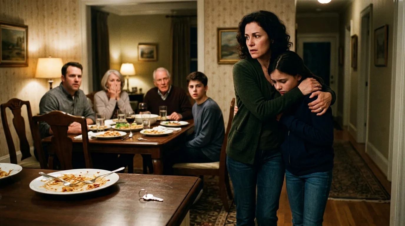 A mother fiercely wrapping her arm around her daughter, walking away from a stunned family table.