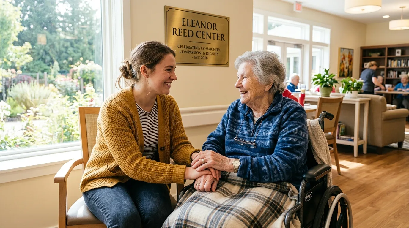 A young volunteer holding the hand of an elderly woman in a bright care center