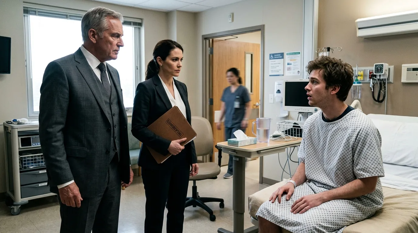An older man and a female lawyer confronting a younger man in a hospital room.