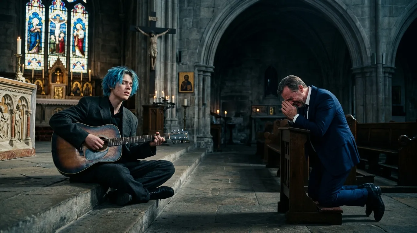 Teenage boy with blue hair in an oversized suit playing acoustic guitar in a church aisle as a businessman kneels crying