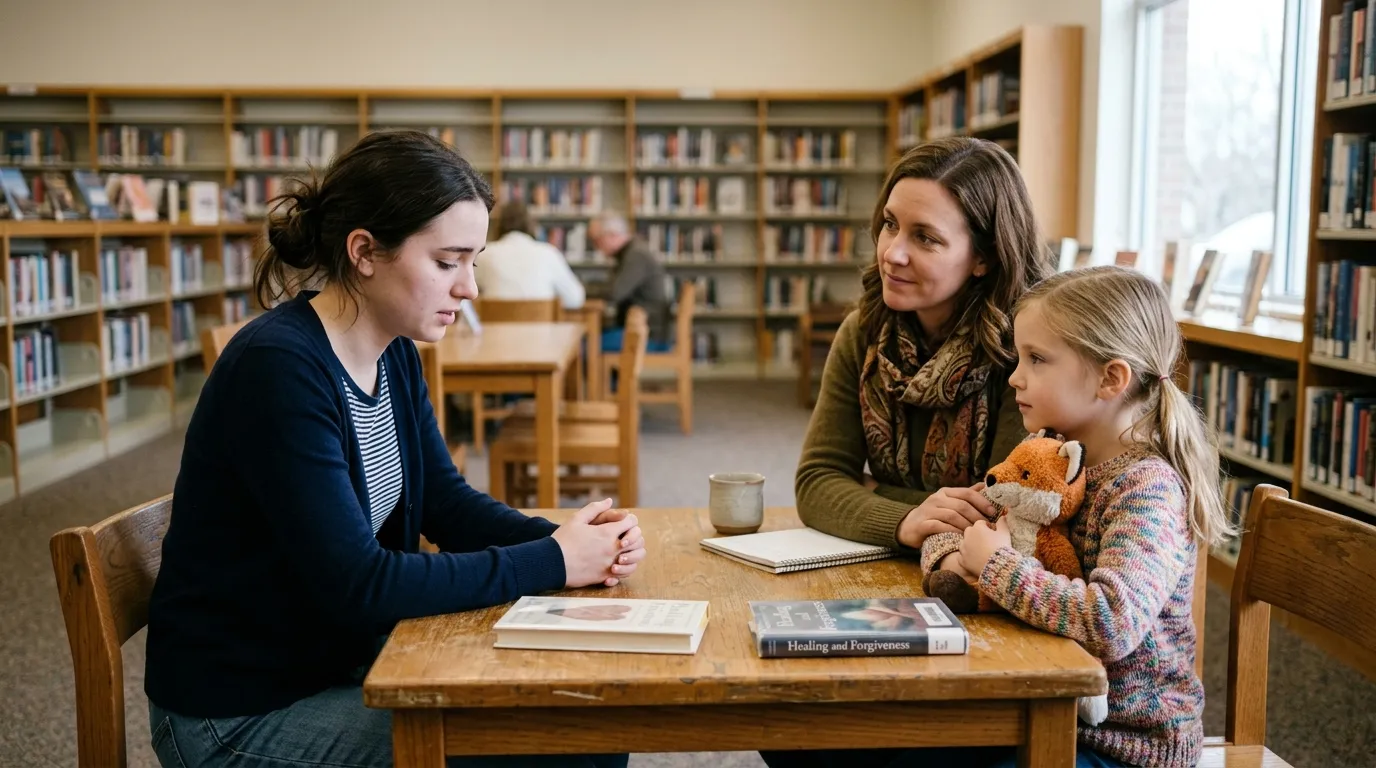 A young woman reading an apology letter across a library table to a mother and a little girl holding a stuffed fox.