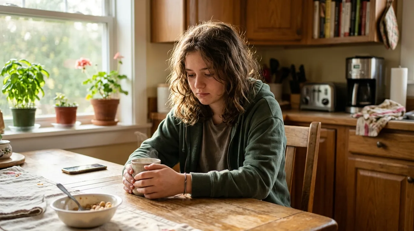 A teenage girl looking apologetic while sitting at a kitchen table.