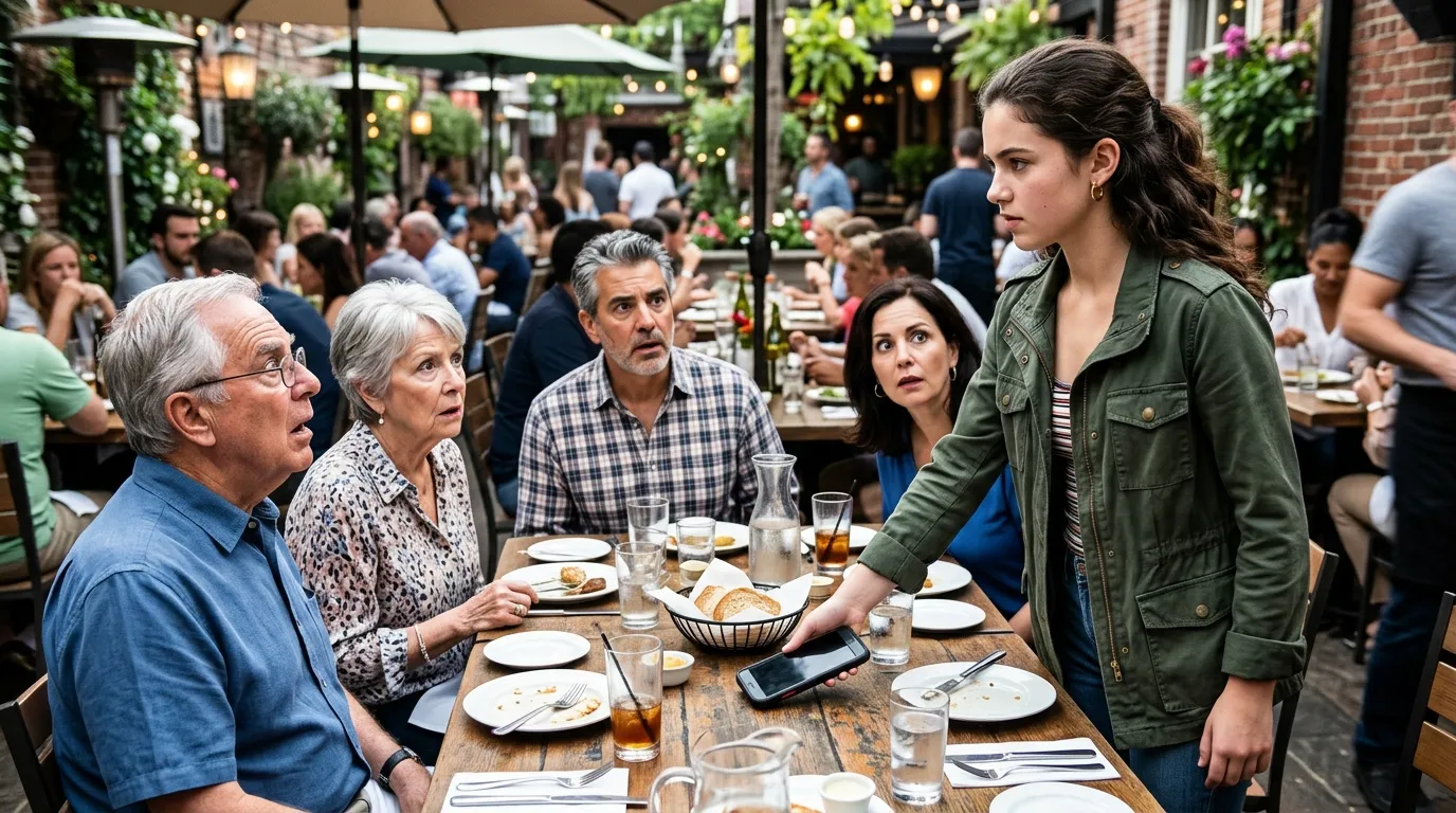 17-year-old Lily standing up bravely at the family picnic table, holding her phone