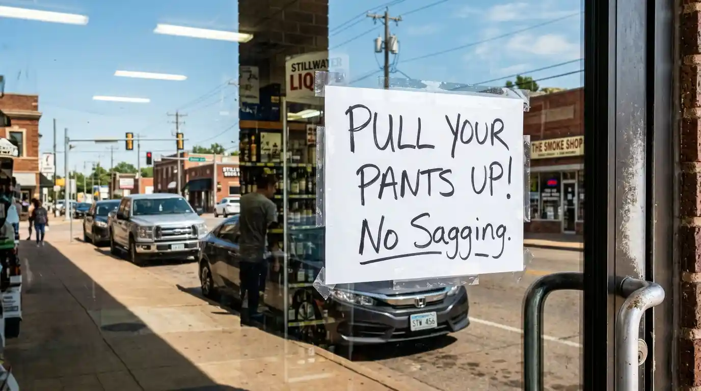 Close-up of a bold sign on a liquor store door telling customers to pull their pants up