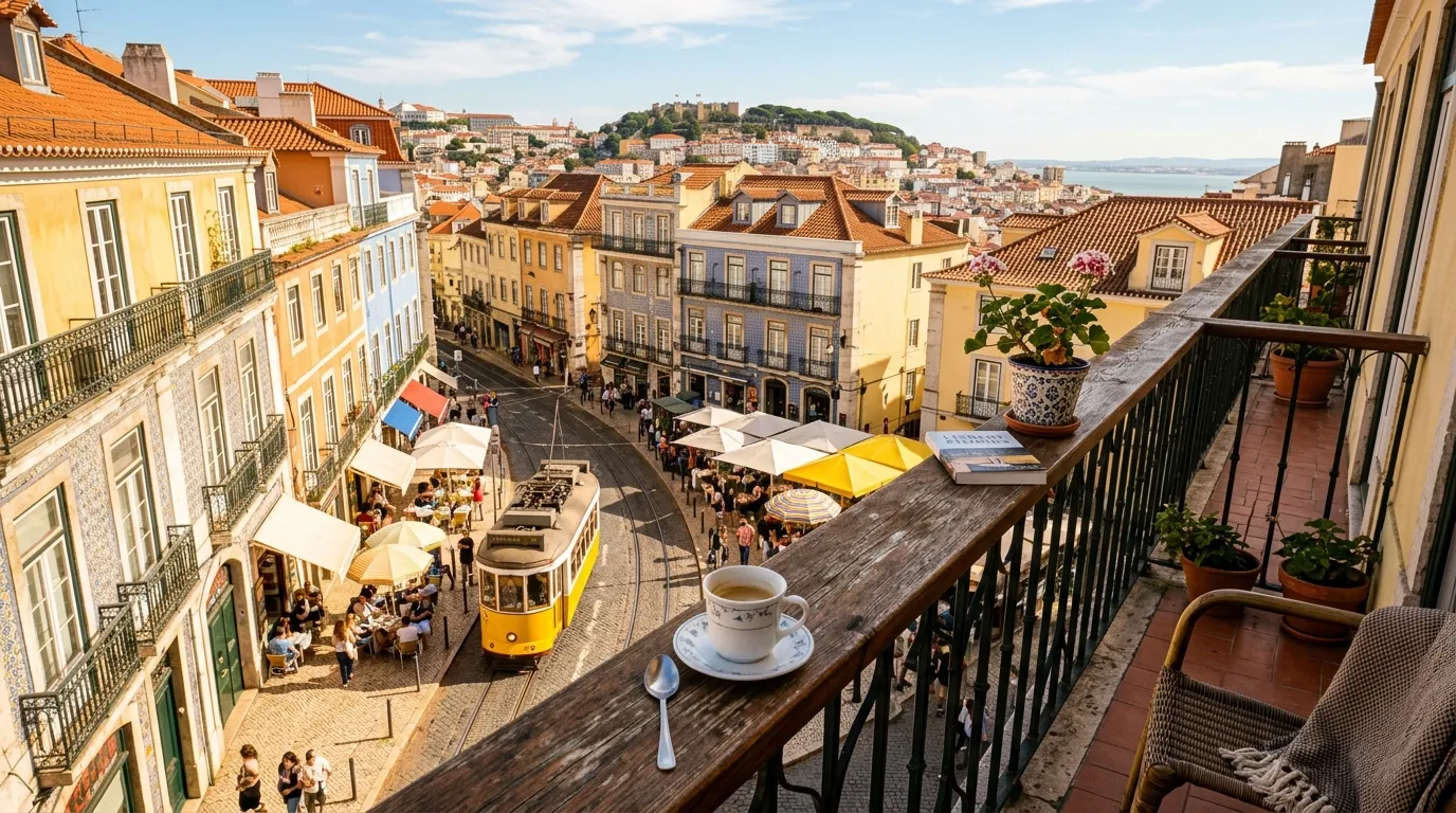 Sunny balcony in Lisbon overlooking a cobblestone square