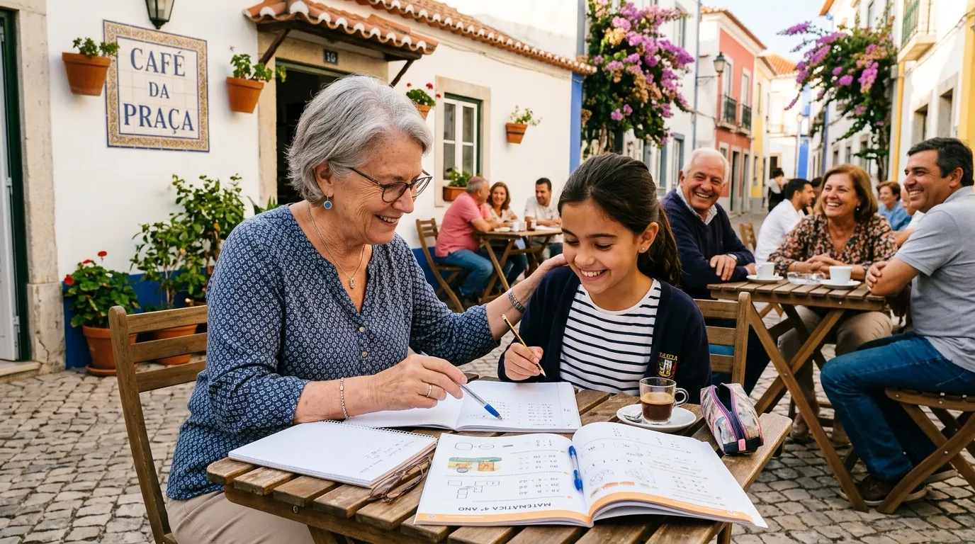 Older woman smiling and tutoring a young girl at a sunny cafe
