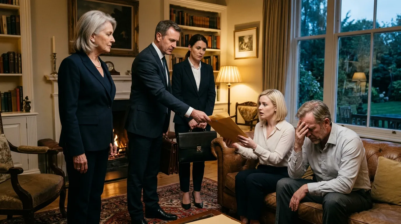 An elegant older woman stands with two lawyers, handing documents to a stunned younger couple on a couch