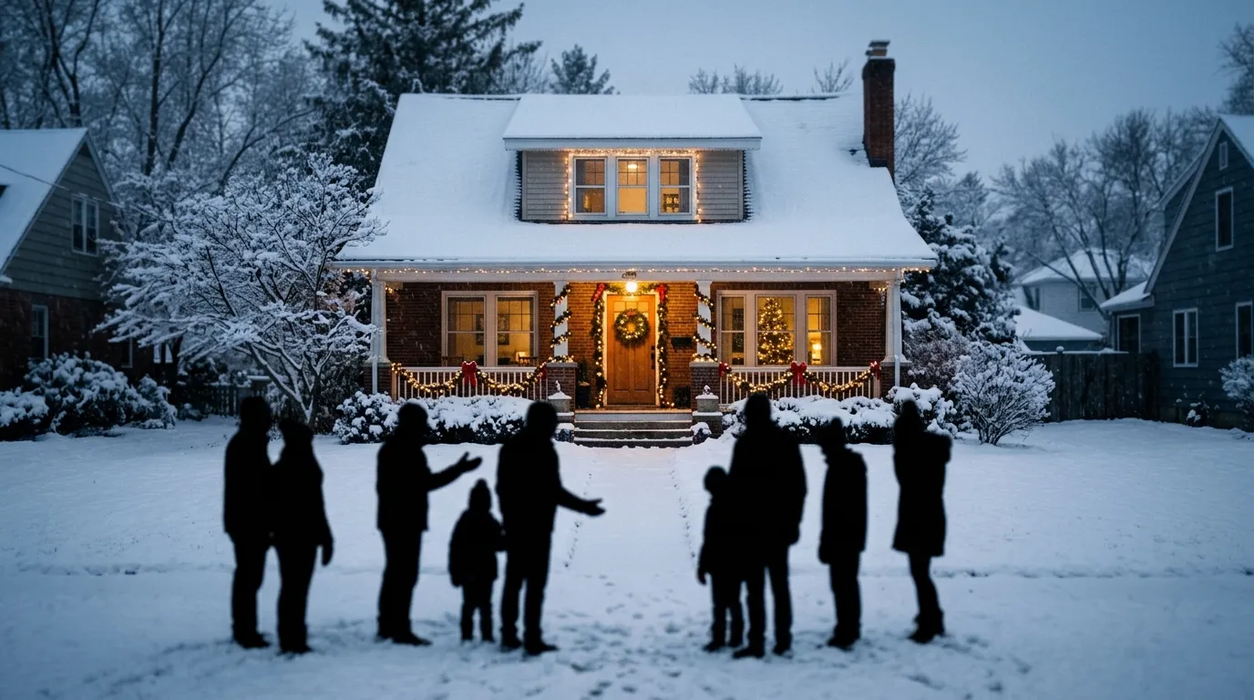 A modest suburban house in the snow with a locked door and blurred family members in the foreground.