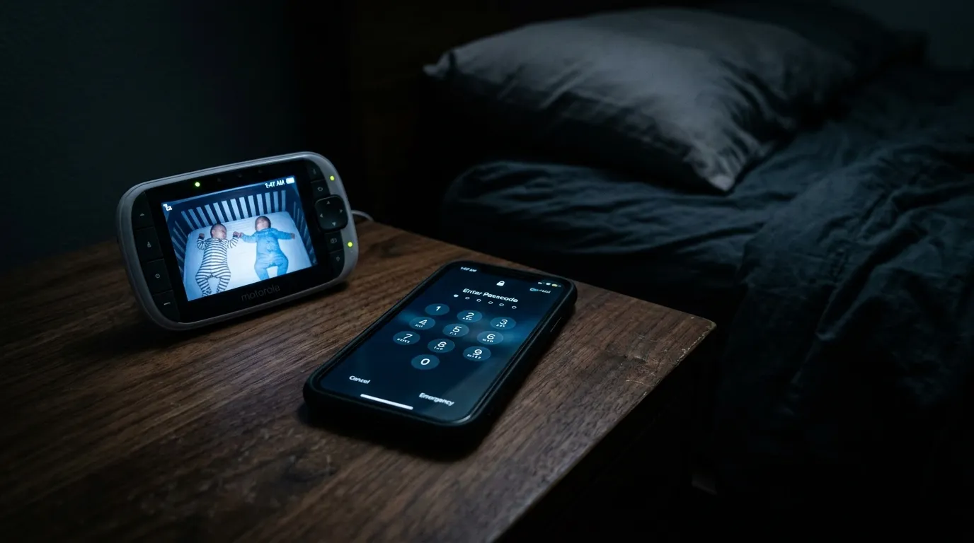 A glowing locked smartphone on a nightstand next to a baby monitor in a dark room