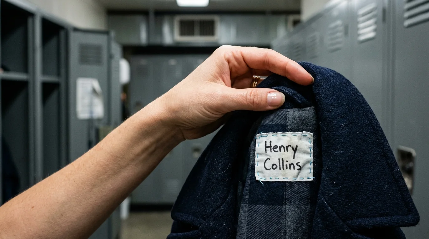 A hand holding the collar of a navy jacket revealing a homemade name tag 'Henry Collins'